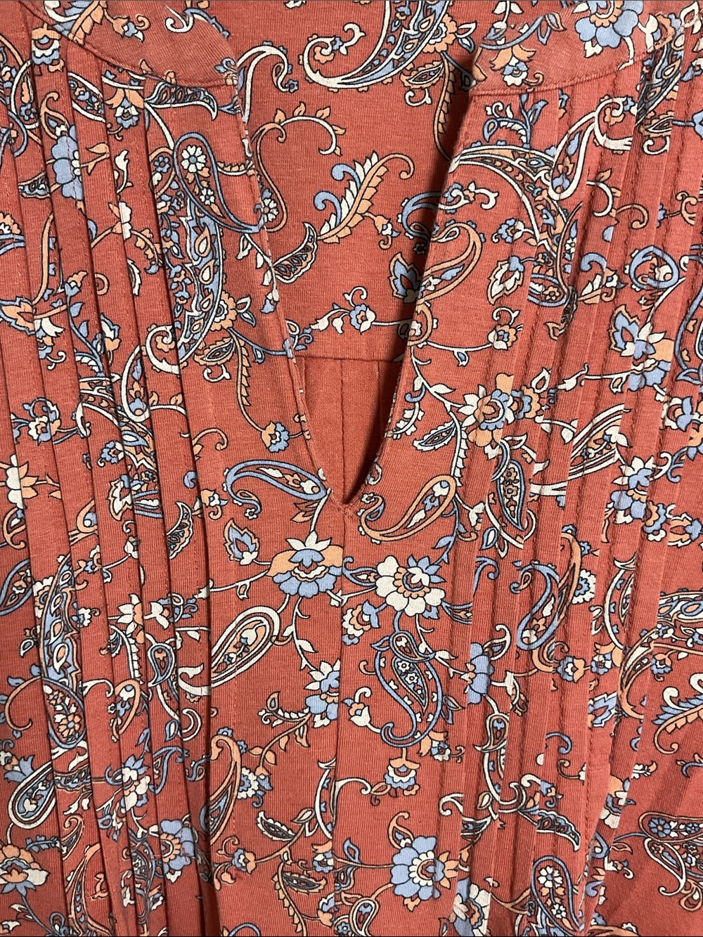 J.Jill Terracotta Paisley Pleated Notch V Neck Knit Dress Pockets Size S Petite - Picture 2 of 10